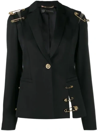 Versace Safety-pin Single-breasted Wool Blazer In Black