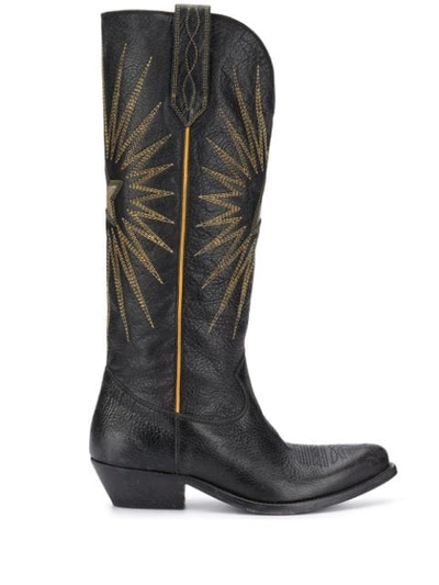 Golden Goose Wish Star Embroidered Textured-leather Knee Boots In Black