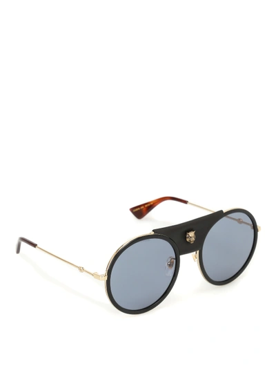 Gucci Leather Detailed Round Sunglasses In Black