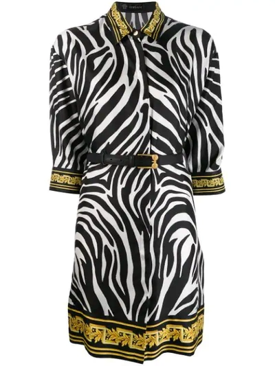 Versace Contrast Trim Zebra Print Belted Silk Shirtdress In Animal Print