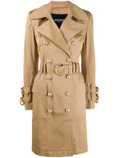 Balmain Double-breasted Belted Trench Coat In Neutrals