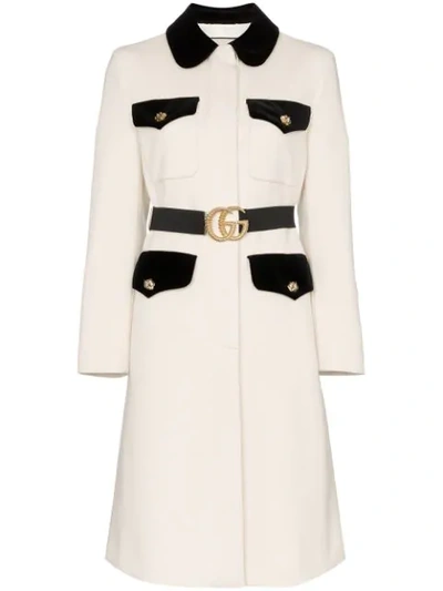 Gucci Velvet Trim Belted Wool Coat In White
