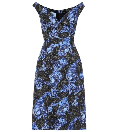 Prada Off-the-shoulder Dark Rose Print Dress In Blue