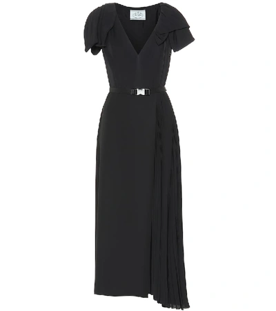 Prada Bow-sleeve Pleated Twill Midi Dress In Nero+nero