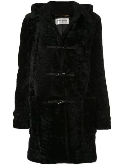 Saint Laurent Hooded Shearling Coat In Black