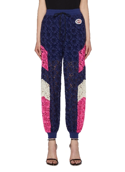 Gucci Colourblock Floral Guipure Lace Jogging Pants In Blue