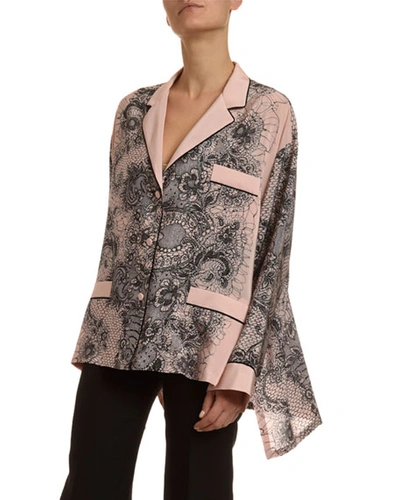 Valentino Lace-print Crepe Bell-sleeve Pajama Blouse In Pink/black