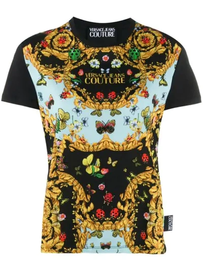 Versace Jeans Couture Women's T-shirt Short Sleeve Crew Neck Round Ladybug Baroque In Black