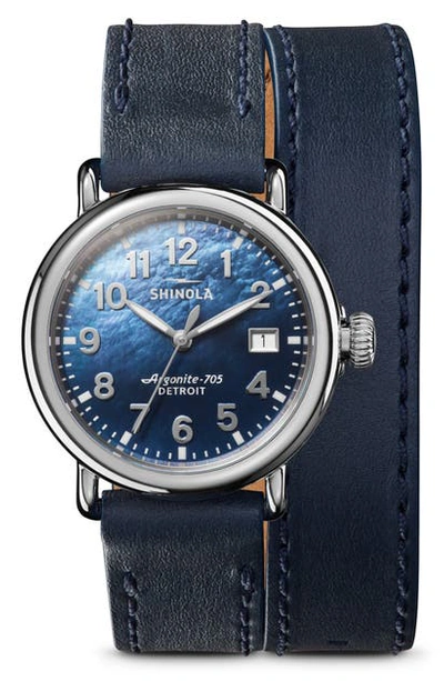 Shinola The Runwell Wraparound Leather Strap Watch, 36mm In Ocean/ Blue Mop/ Silver
