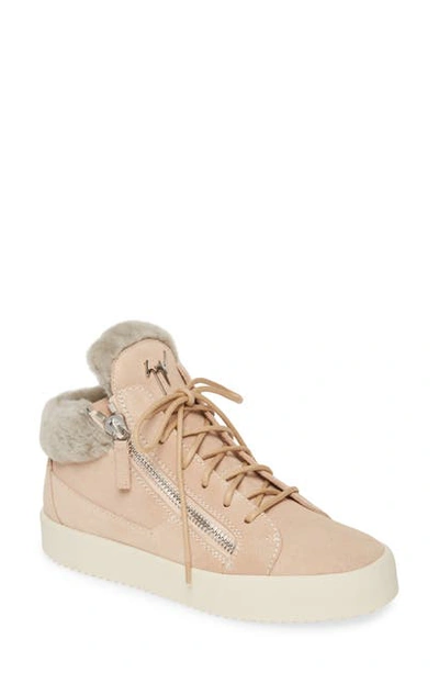 Giuseppe Zanotti Giuseppe May London Mid-rise Lace-up Genuine Shearling Sneaker In Rose/ Beige