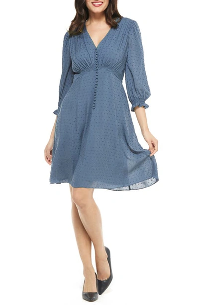 Gal Meets Glam Collection Andrea Smocked Shoulder Clip Dot Fit & Flare Dress In Retro Blue