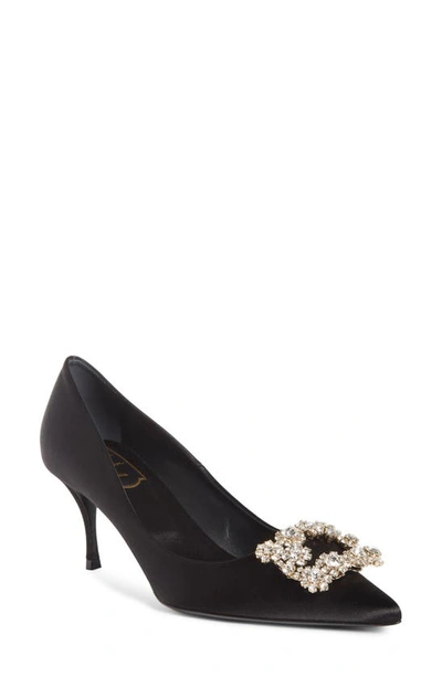 Roger Vivier Flower Crystal-embellished Satin Pumps In Black