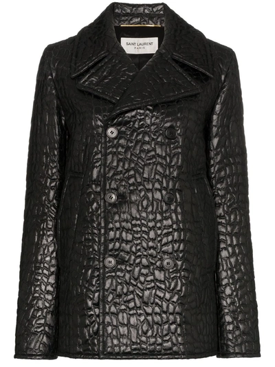Saint Laurent Double-breasted Croc-effect Faux Leather Jacket In Black