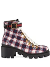 Gucci Red & White Check Tweed Ankle Boots In Blue