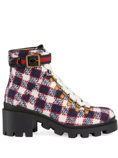 Gucci Red & White Check Tweed Ankle Boots In Blue