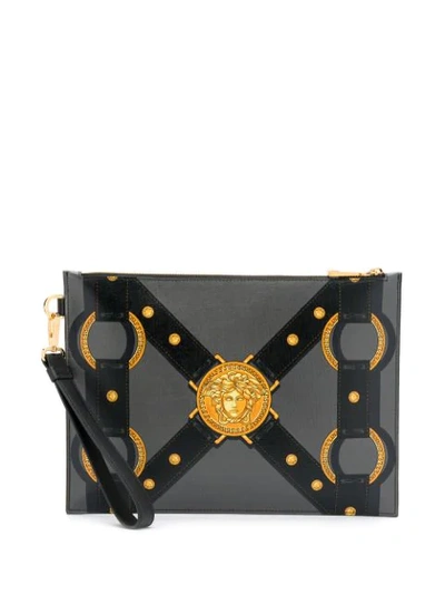 Versace Bondage Large Pouch In Grey,black,yellow
