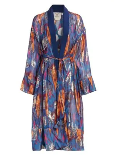 Figue Kali Ikat Metallic Kimono Dressing Gown In Dylan Ikat Andes Blue