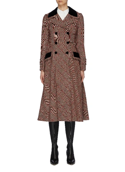 Miu Miu Velvet Panel Houndstooth Check Plaid Double Breasted Coat