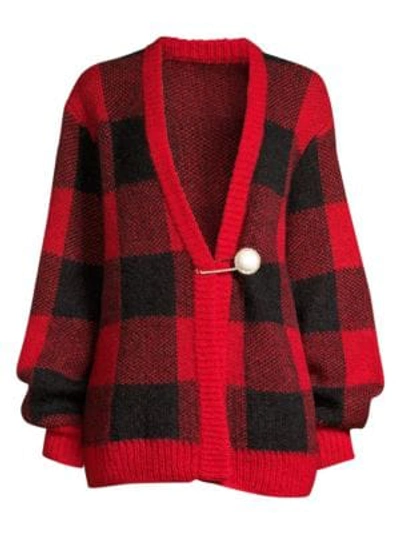 Mother Of Pearl Blake Oversized Plaid Faux-pearl Cardigan Sweater In Red Black Check