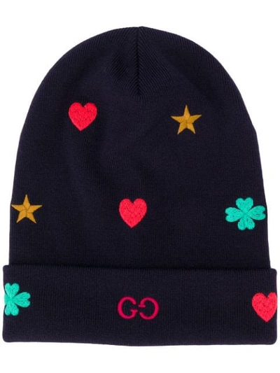 Gucci Contrasting Embroidery Wool Beanie In 4000 Navy