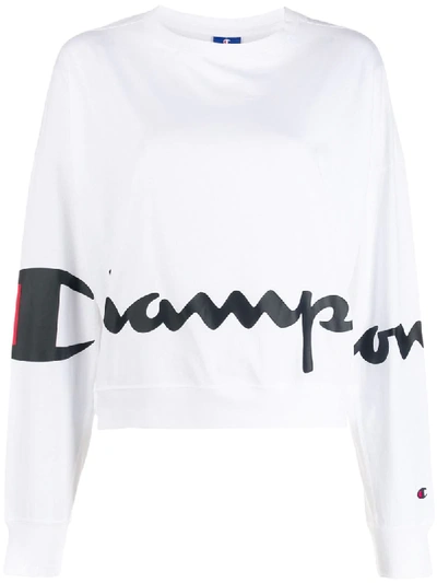 Champion Logo Print Cropped Sweatshirt In White