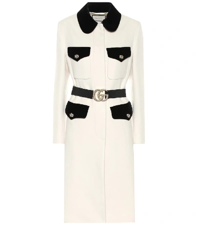 Gucci Velvet Trim Belted Wool Coat In White