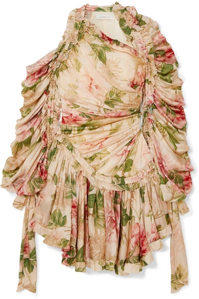 Zimmermann Espionage Drawn Ruched Asymmetric Floral-print Silk-chiffon Dress In Neutral