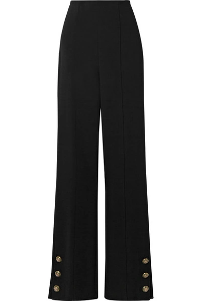 Oscar De La Renta Button-embellished Stretch Wool-blend Crepe Straight-leg Trousers In Black