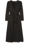 ALESSANDRA RICH TIE-FRONT POLKA-DOT SILK CREPE DE CHINE MIDI DRESS