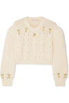 ALESSANDRA RICH CROPPED EMBROIDERED CABLE-KNIT ALPACA-BLEND SWEATER