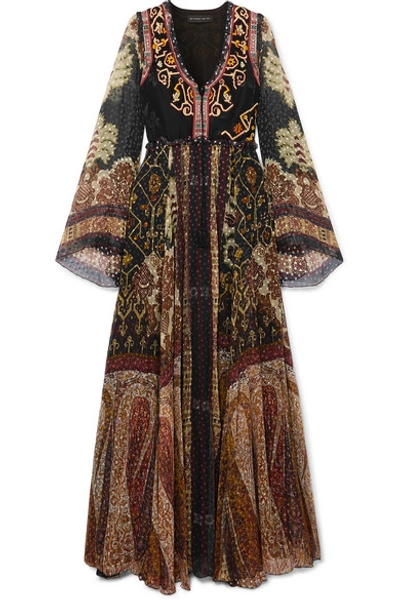 Etro Embroidered Printed Silk-blend Chiffon Maxi Dress In Black