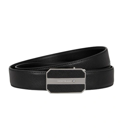 Montblanc Octagonal Saffiano Leather & Shiny Palladium-coated Plate Buckle Belt In Black,grey
