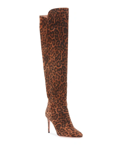 Aquazzura Gainsbourg 85 Leopard-print Suede Knee-high Boots In Brown