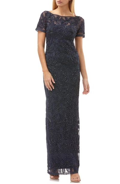 Js Collections Beaded Soutache Evening Gown In Navy