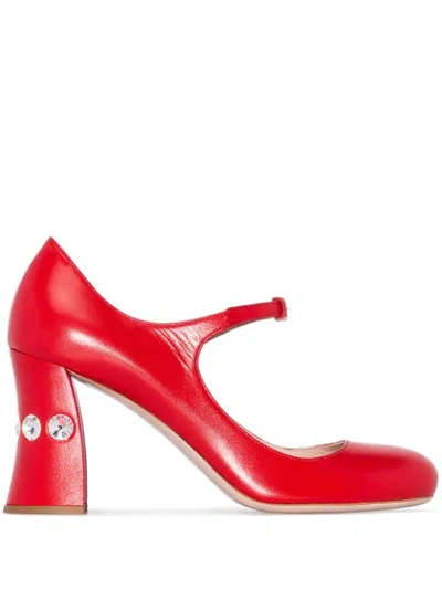 Miu Miu Mary Jane Embellished Heel Pumps In Red