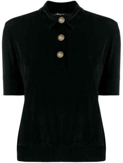 Balmain Velvet Piqué Polo Shirt In Black