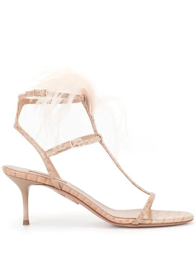 Aquazzura Women's Ponza Feather-trimmed Croc-embossed Leather Sandals In Tan