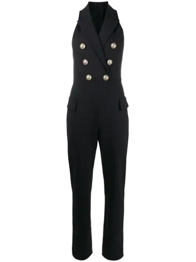 Balmain Button-embellished Stretch-knit Jumpsuit In Black