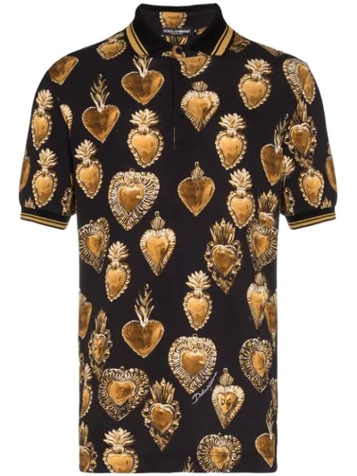 Dolce & Gabbana Sacred Heart Print Polo Shirt In Black