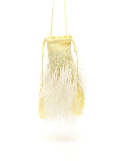 Attico Ostrich Feather-embellished Crepe De Chine Clutch In Pale Yellow