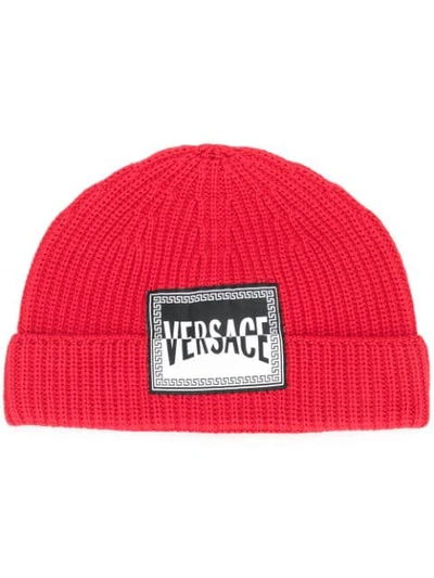 Versace Logo Patch Wool Beanie In Red