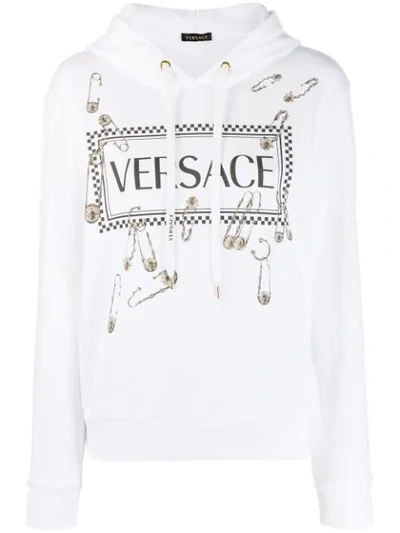 Versace 90s Vintage Logo And Safety Pin Hoodie In White