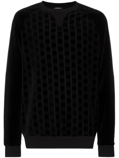 Balmain Men's Velvet Monogram Sweatshirt In Black