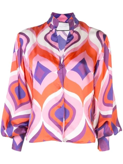 Alexis Roselle Geometric Bishop-sleeve Button-front Top W/ Mandarin Collar In Orange