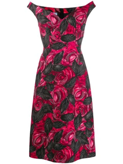 Prada Rose Printed Midi Dress In Rosso