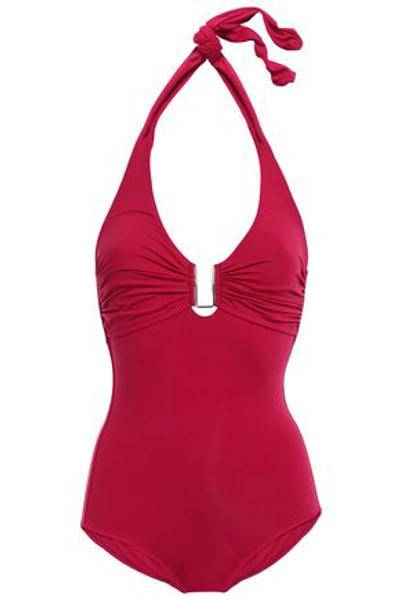 Melissa Odabash Tampa Cutout Appliquéd Textured Halterneck Swimsuit In Crimson