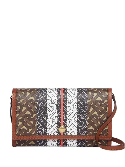 Burberry Monogram Stripe E-canvas Wallet With Detachable Strap In Bridle Brown