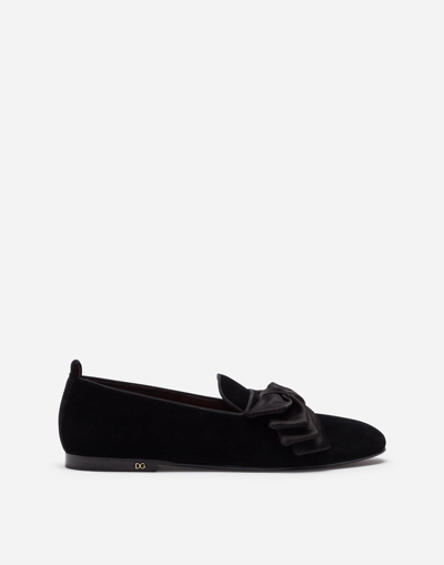 Dolce & Gabbana Velvet Slippers With Satin Bow In Black