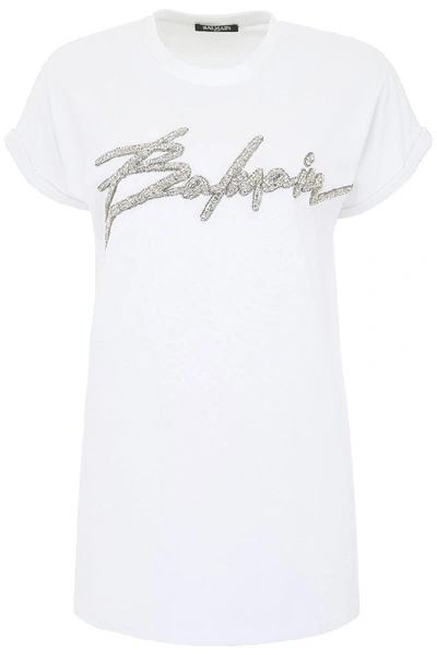 Balmain Sequin-embellished Logo T-shirt In White