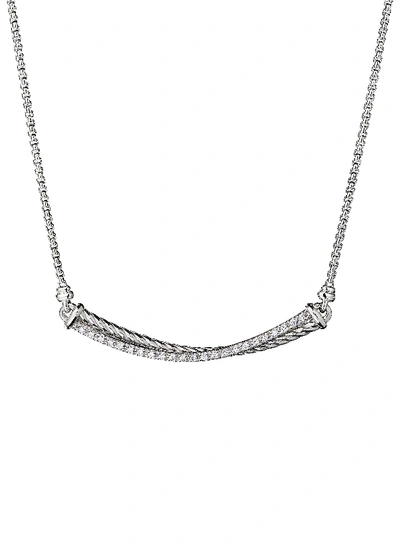 David Yurman Diamond Silver Crossover Bar Pendant Necklace In Metallic